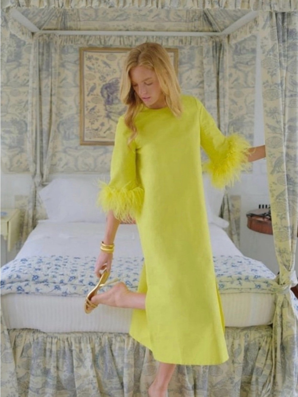 Tuckernuck Neon Lime Feather-Cuff Midi Dress